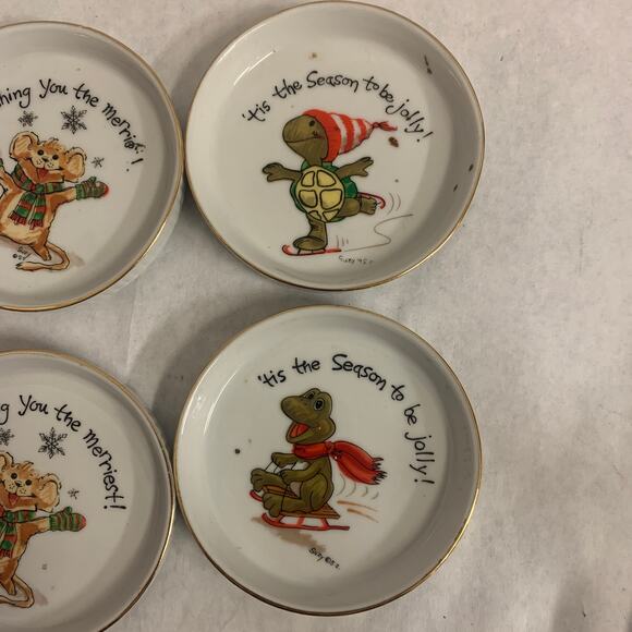 Vintage Suzy’s Zoo Christmas trinket dishes, holiday coasters, 1976 enesco - Picture 3 of 5